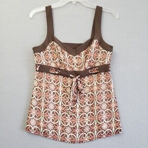 Ann Taylor LOFT Brown Pink Geometric Floral Scroll Empire Waist Bow Tank Top 4